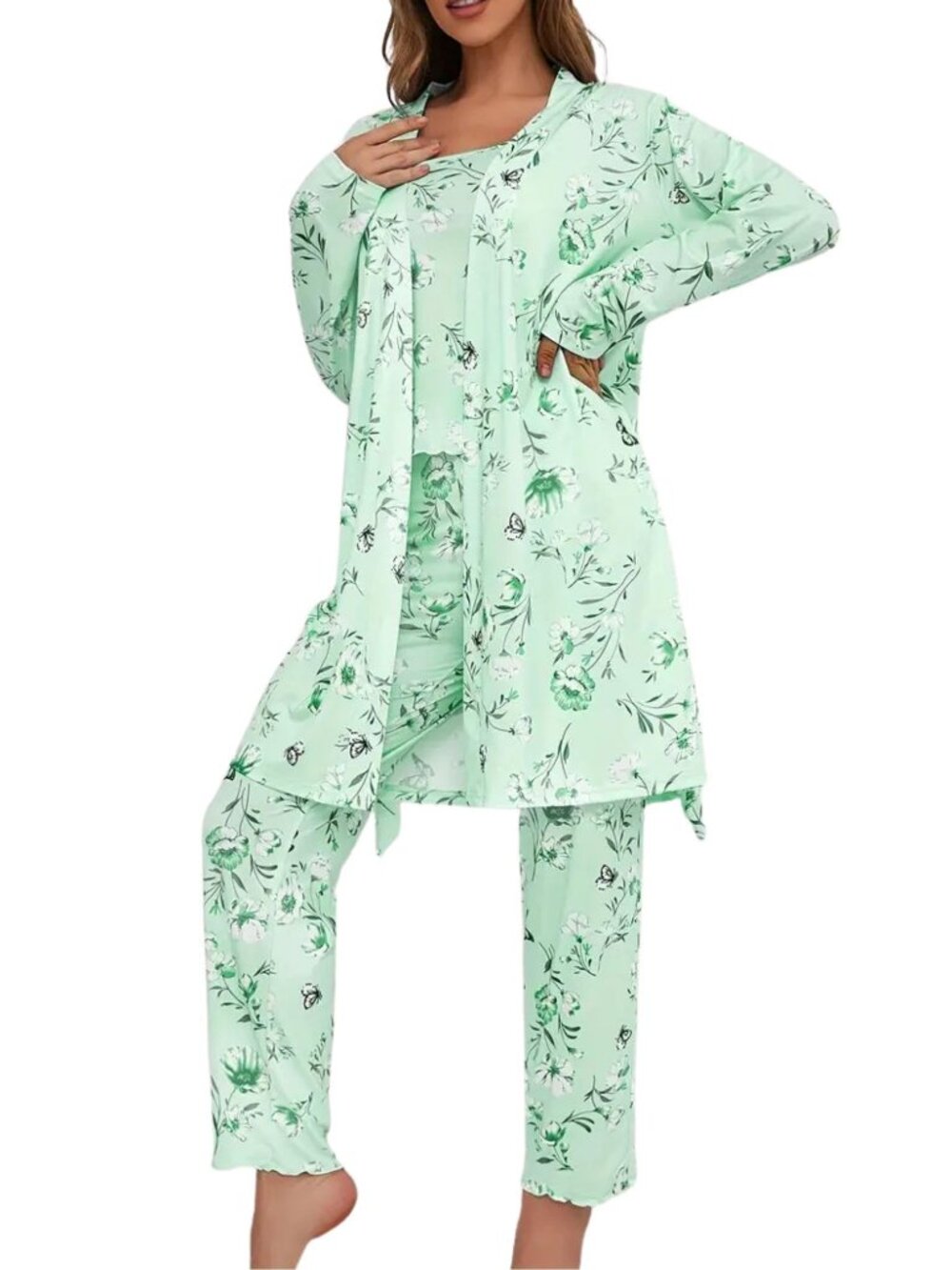 Women's 3-Piece Pajama Set Floral Print Robe Camisole and Long Pants Green